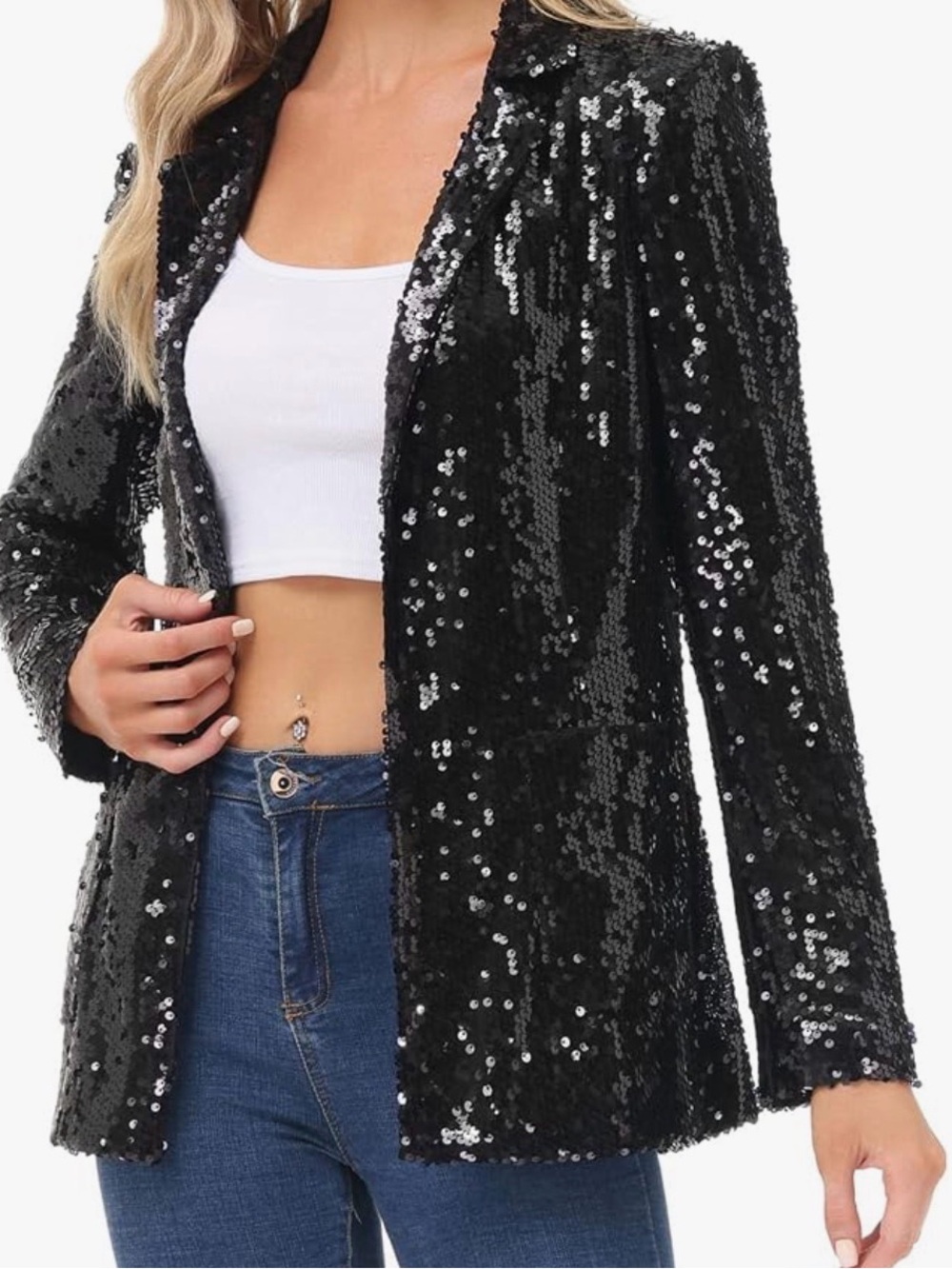 Macys ninety clothing co Black Sequin Open Front Jacket